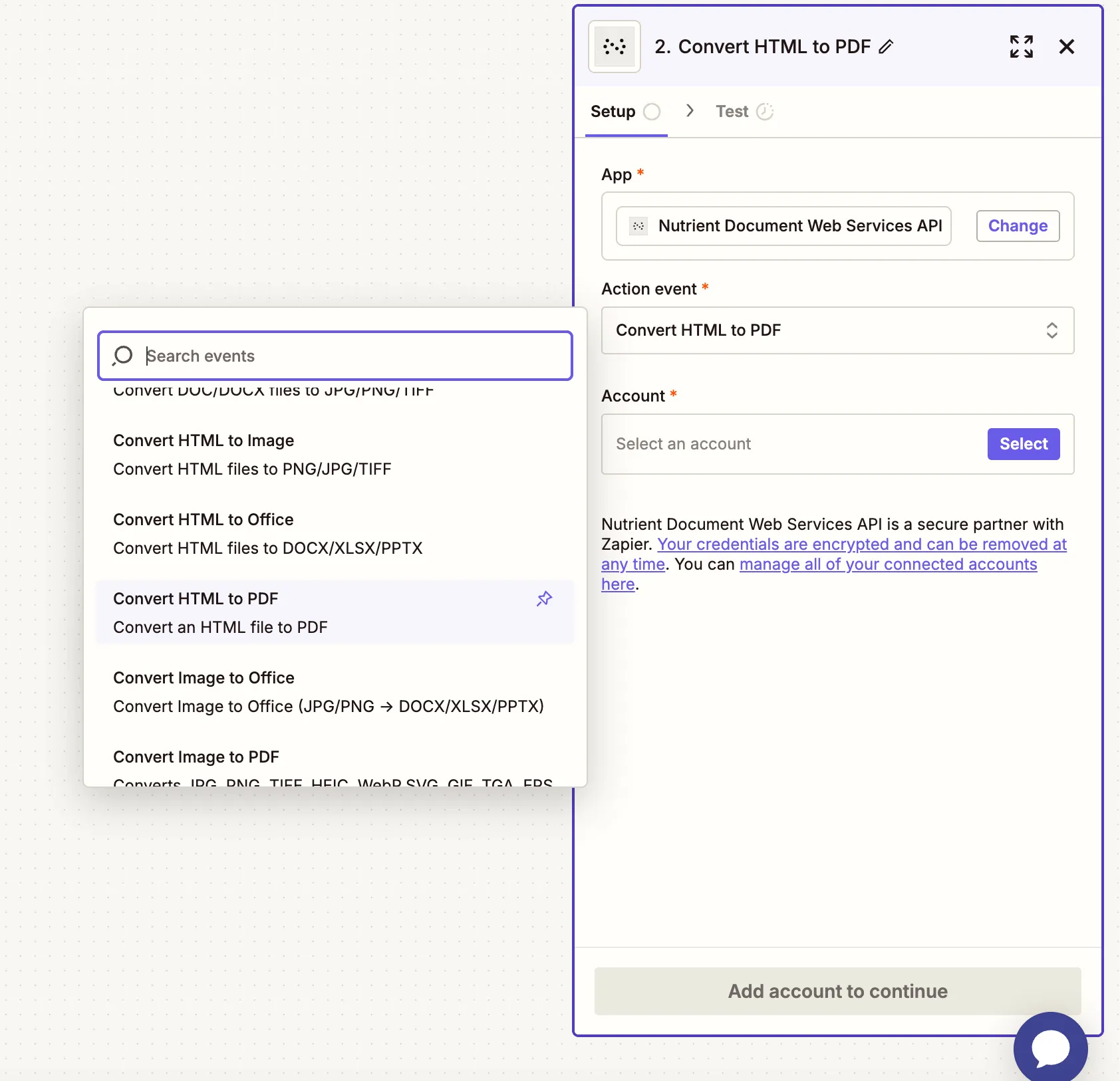 Action selection showing Convert HTML to PDF chosen