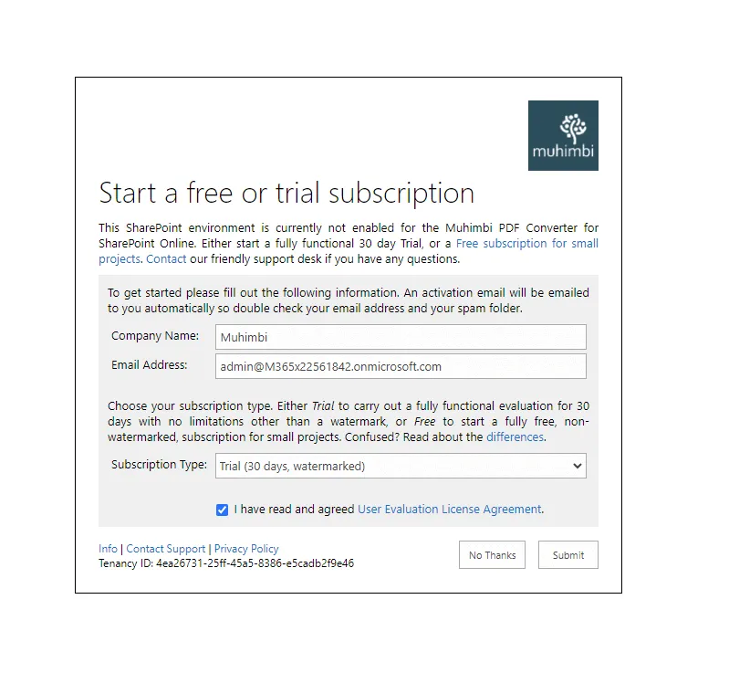Trial sign-up prompt for new tenants