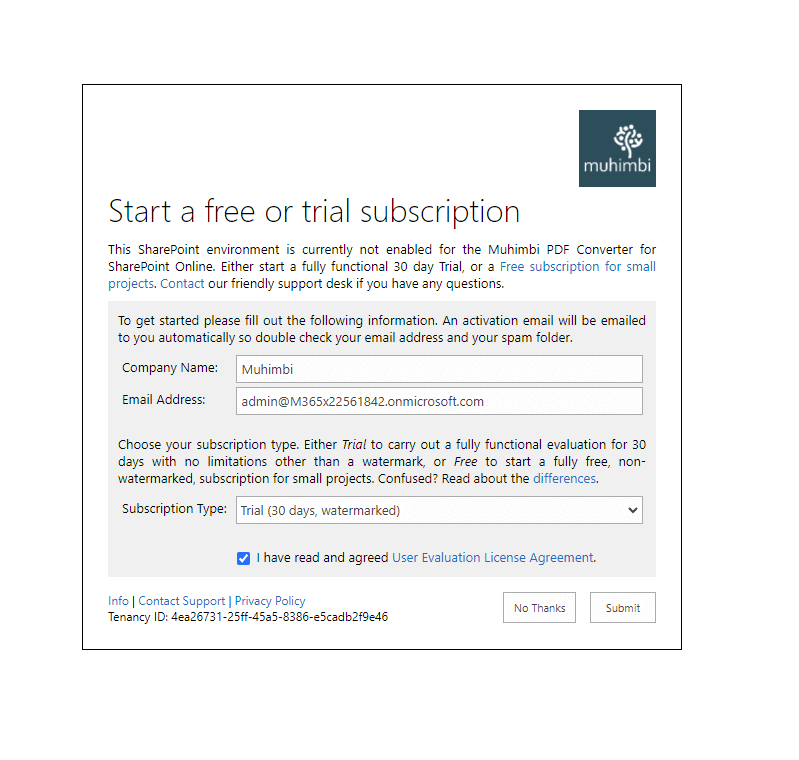 Trial sign-up prompt for new tenants
