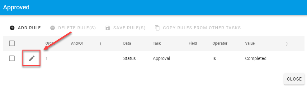 Edit icon on a start rule row