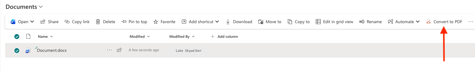 Convert to PDF action in a SharePoint document library