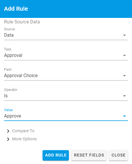 Start rule result showing the Approved condition