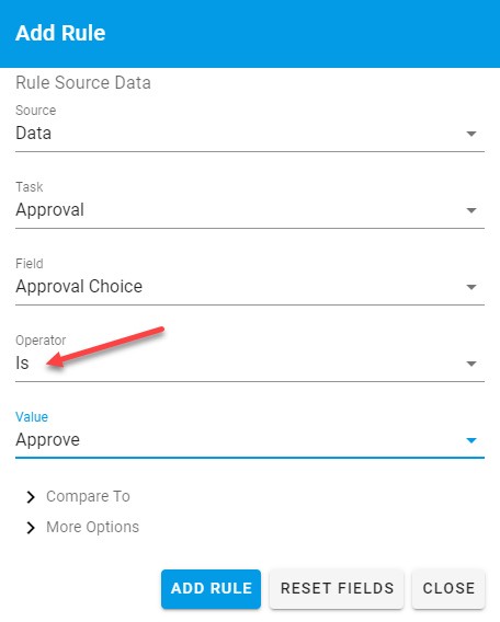 Operator and Value fields in the rule configuration