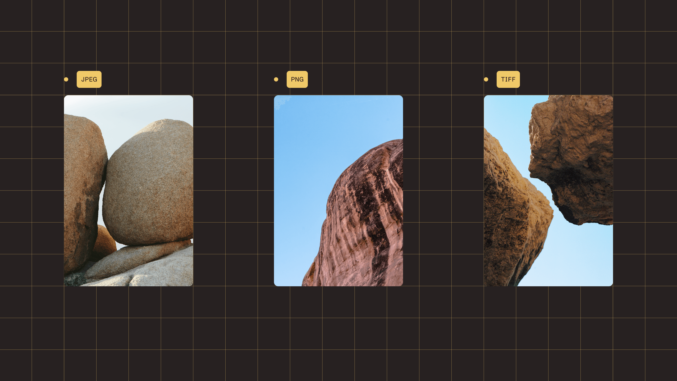 Illustration showing different image file types: JPEG, PNG, and TIFF