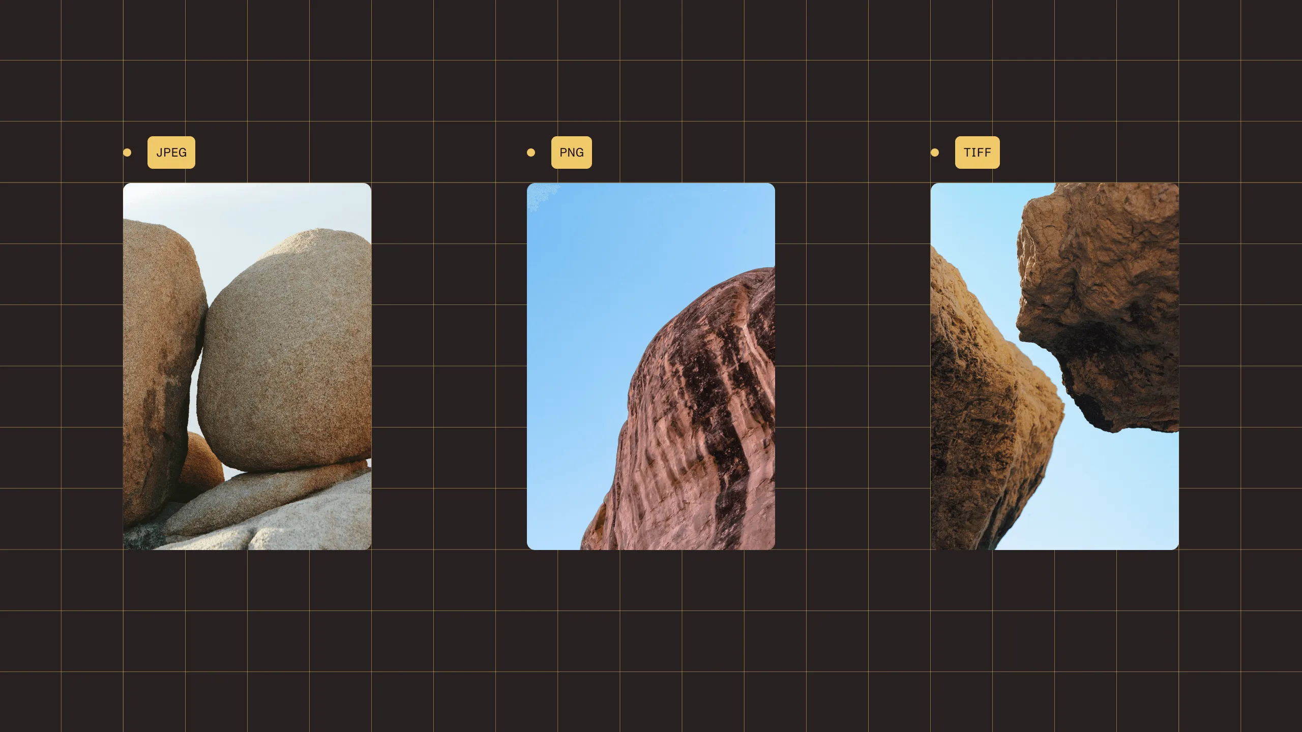 Illustration showing different image file types: JPEG, PNG, and TIFF