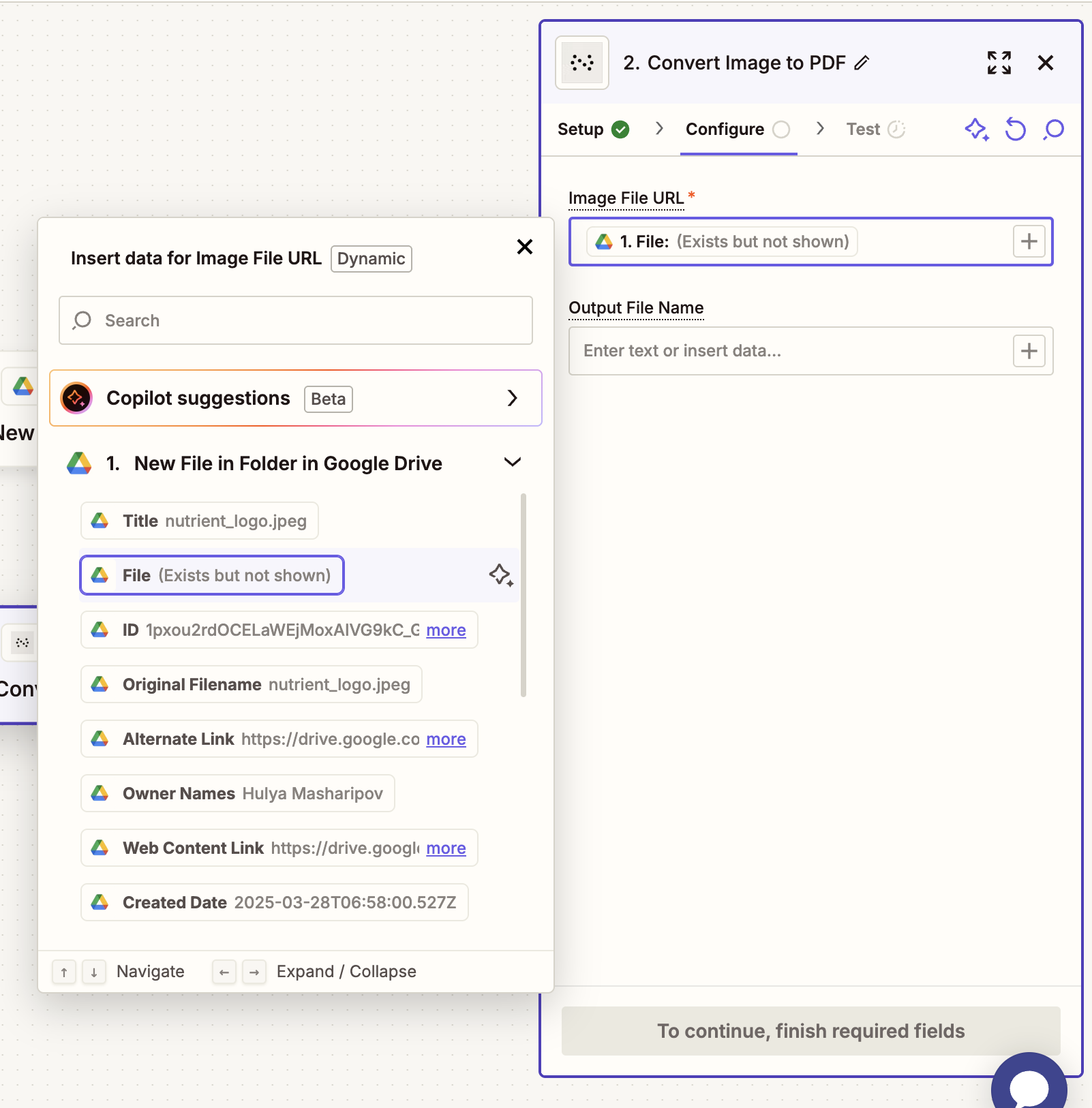 Map the image file URL from the Google Drive trigger