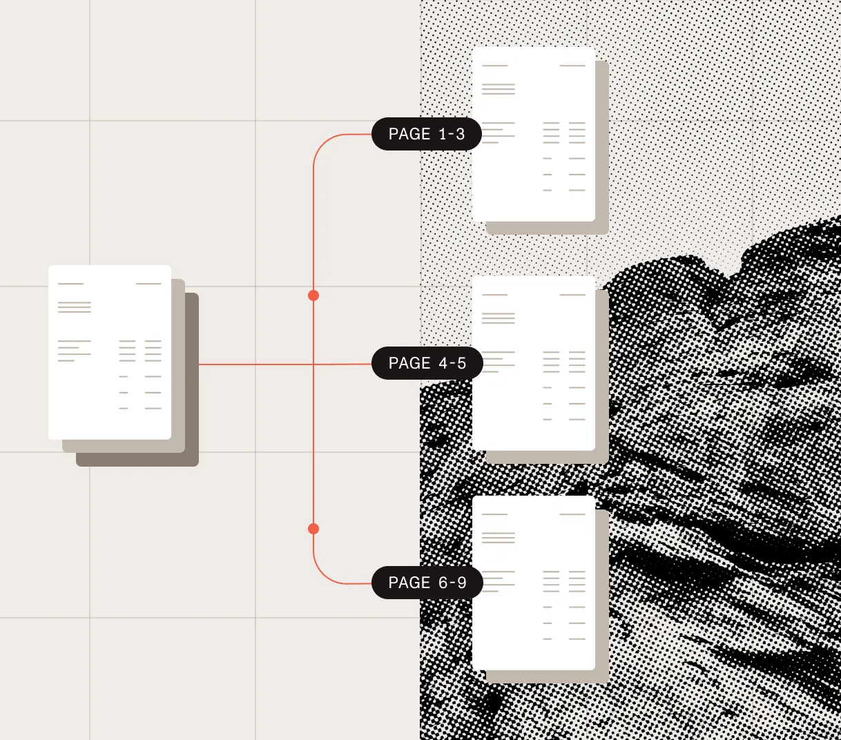 A merged document separated into three documents: pages 1–3, pages 4–5, and pages 6–9