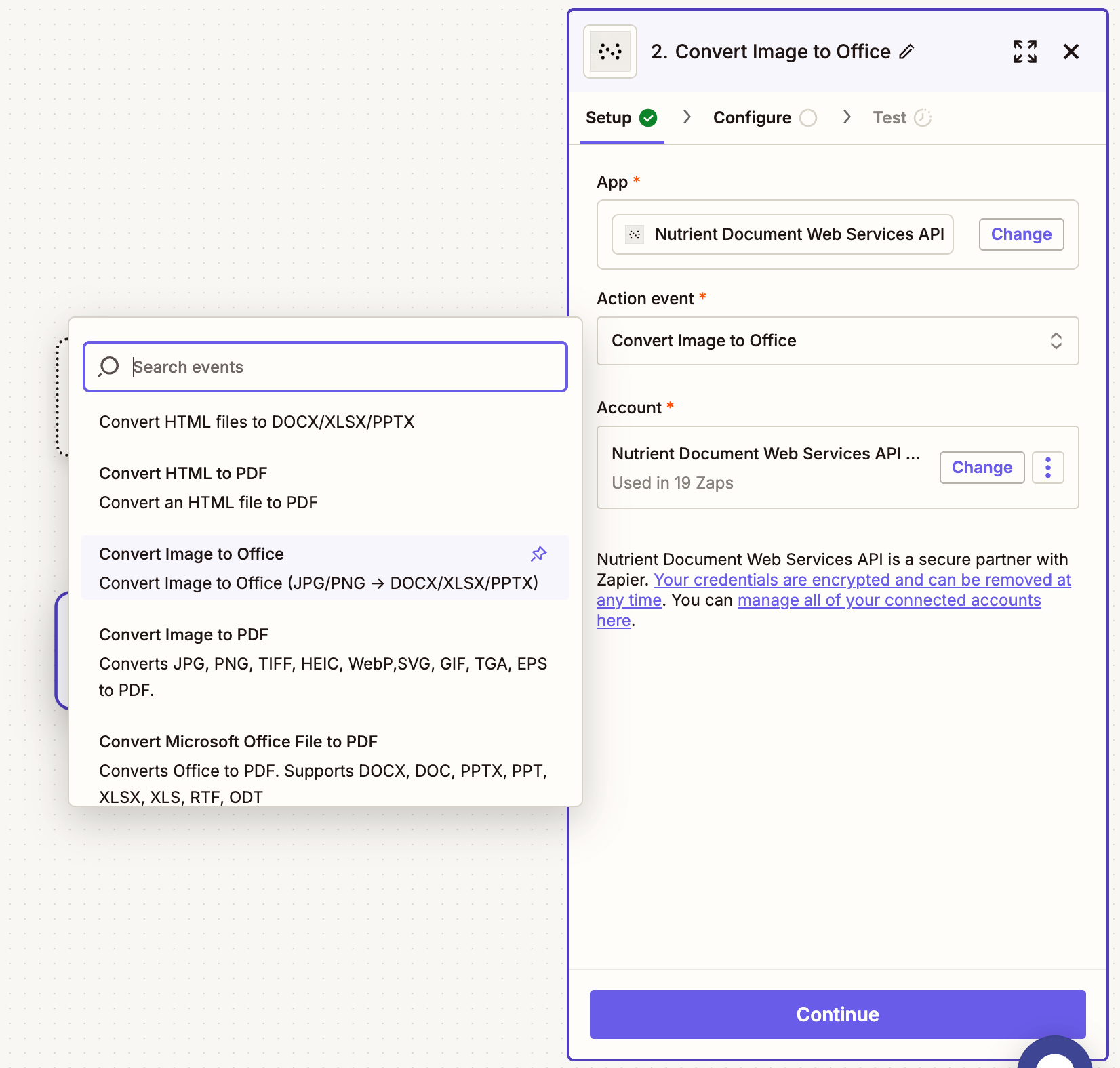 Selected action showing Convert Image to Office