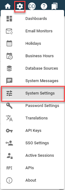 System Settings interface showing gear icon dropdown menu with System Settings option highlighted
