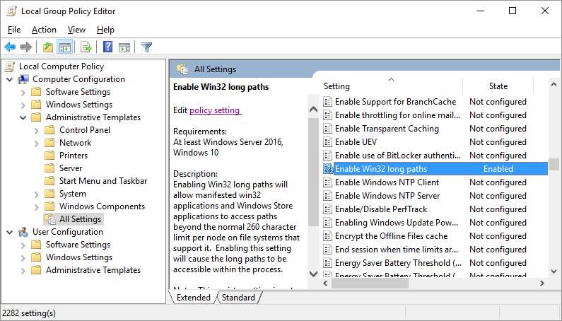 Group Policy Editor showing Enable Win32 long paths setting