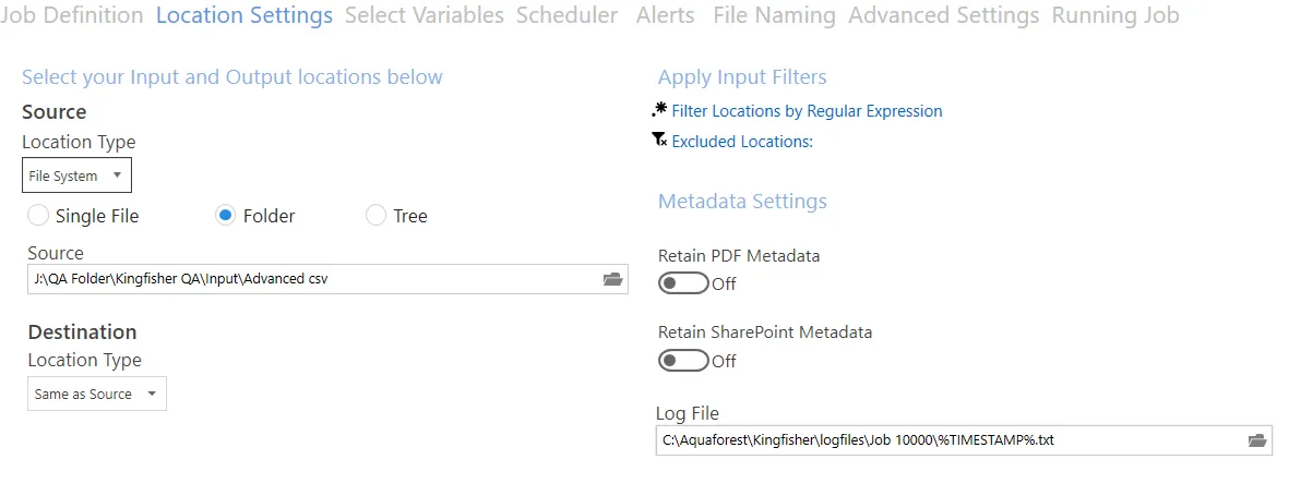 SharePoint integration settings tab showing source and destination location configuration