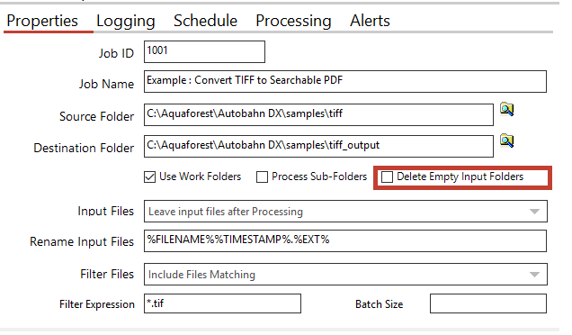 A screenshot of the Properties tab, highlighting the tick box that enables the deletion of empty input folders after processing.