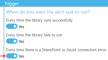 Alert trigger configuration showing connection error options