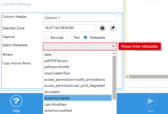 PDF metadata extraction configuration in Advanced Export to CSV/XLSX dialog