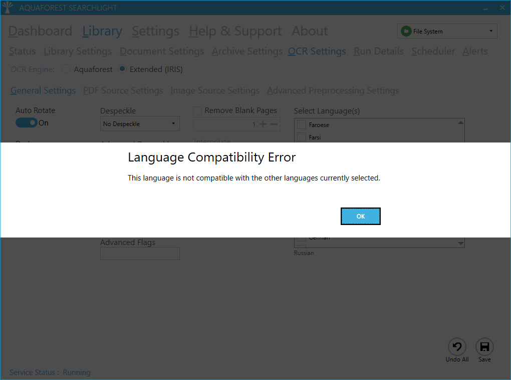 Language compatibility check dialog for Extended OCR engine
