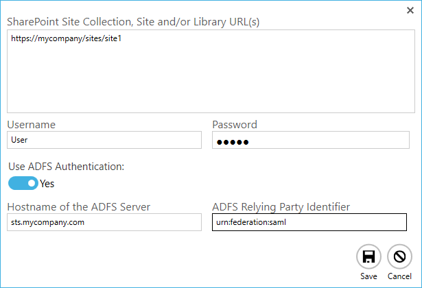 ADFS authentication configuration form showing host name and party identifier fields