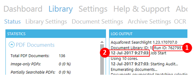 Status tab showing Run ID and date in log output section