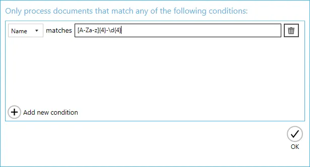 Document filter configuration using regular expression for document name pattern
