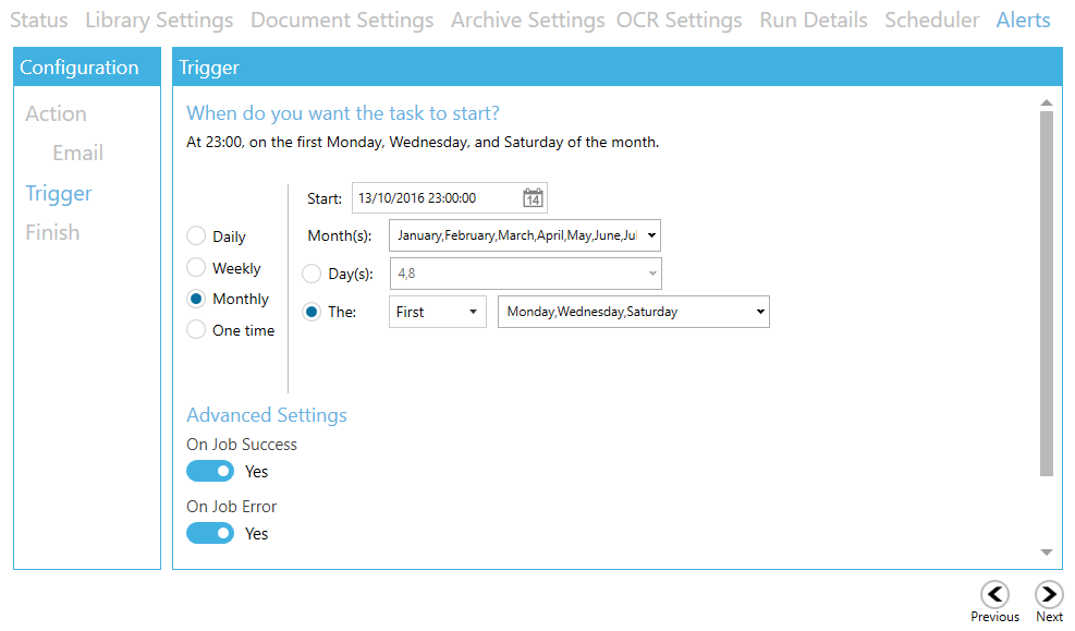Report scheduling interface showing frequency and email options