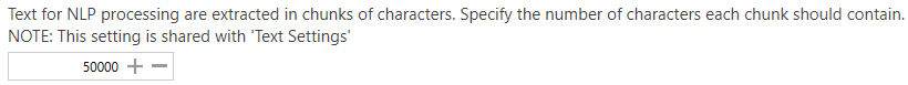 Text limit setting in Tagging NLP Settings showing configuration field to set maximum character limit per chunk sent to NLP services, defaulted to 50,000 characters