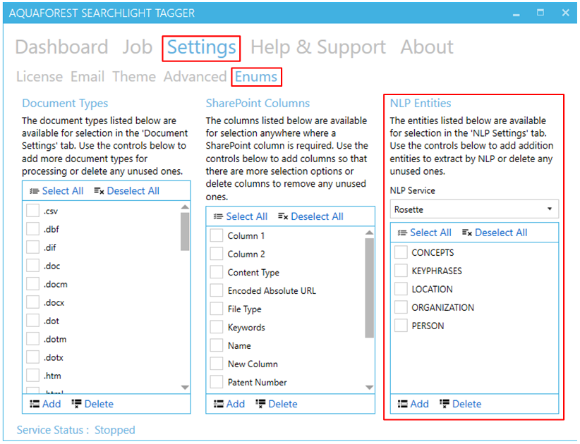 NLP entities configuration screen in Tagging Settings Enums tab showing list of available entity types like LOCATION, ORGANIZATION, PERSON for different NLP services