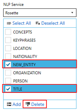 Entity deletion confirmation screen showing selected entities that will be removed from the NLP service configuration