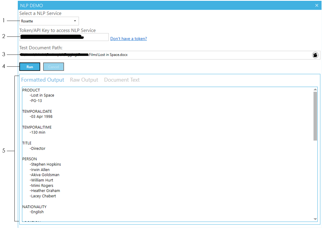 Entity extraction demo dialog window with options to select NLP service, enter API key, choose sample file, and run the extraction test
