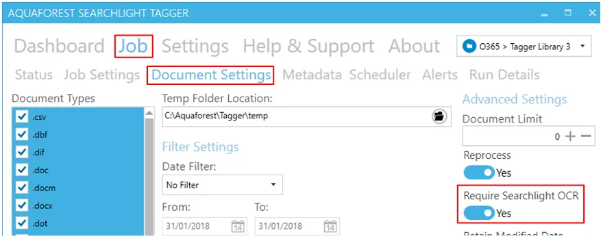 Document Settings dialog showing Require Searchlight OCR option set to Yes