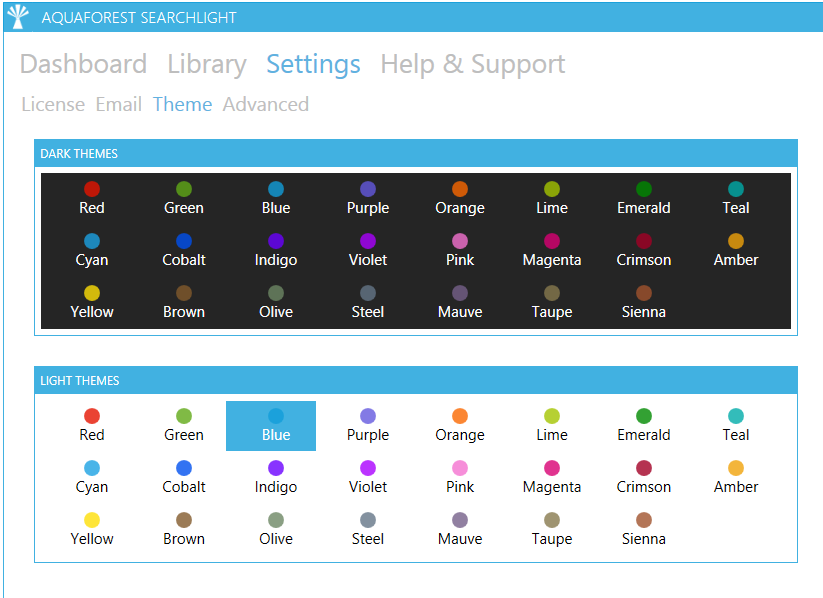 Theme selection showing 23 accent color options in light and dark modes