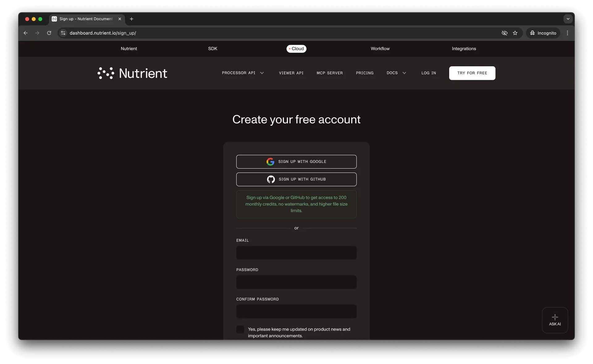 Free account Nutrient DWS Processor API