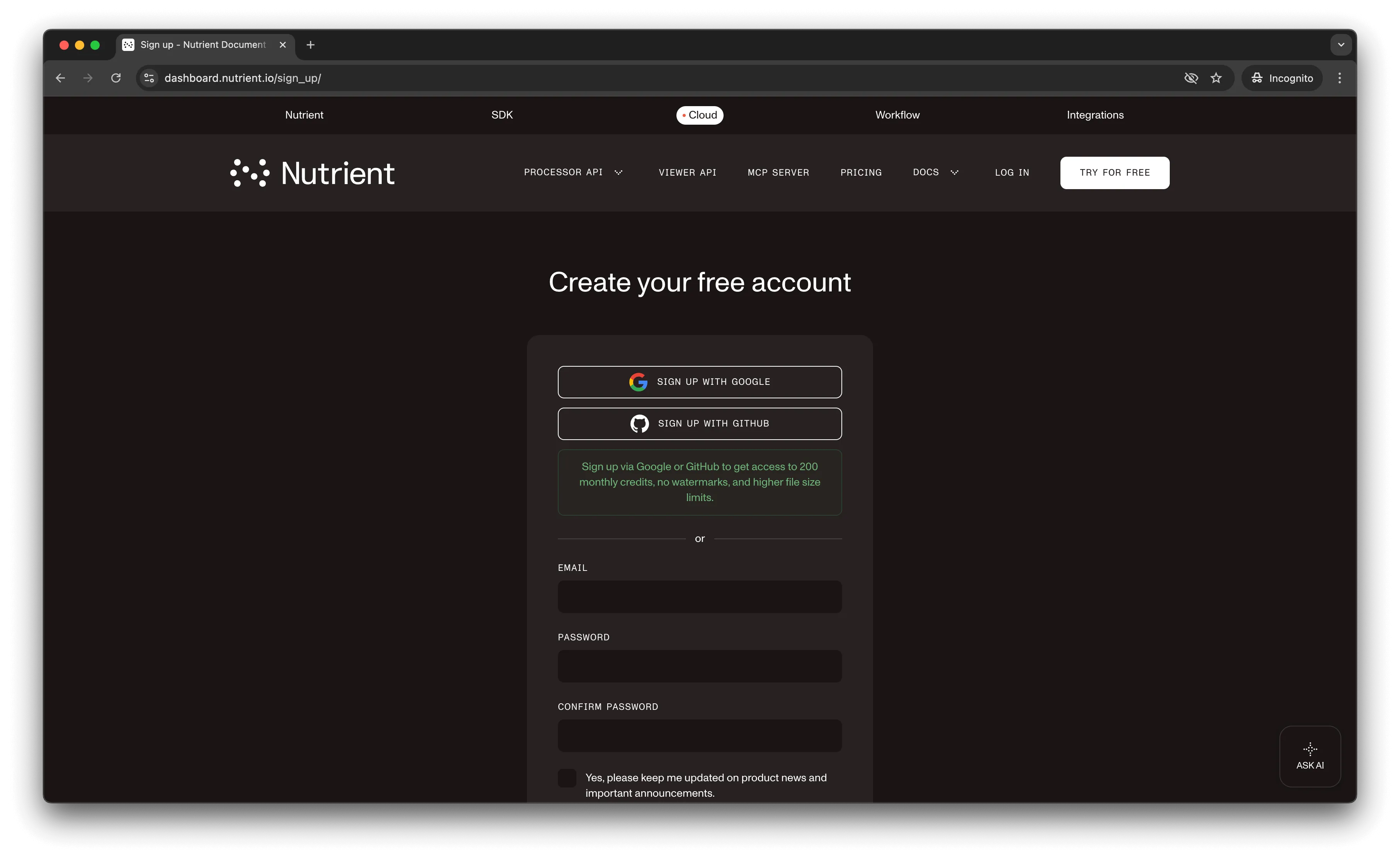 Free account Nutrient DWS Processor API