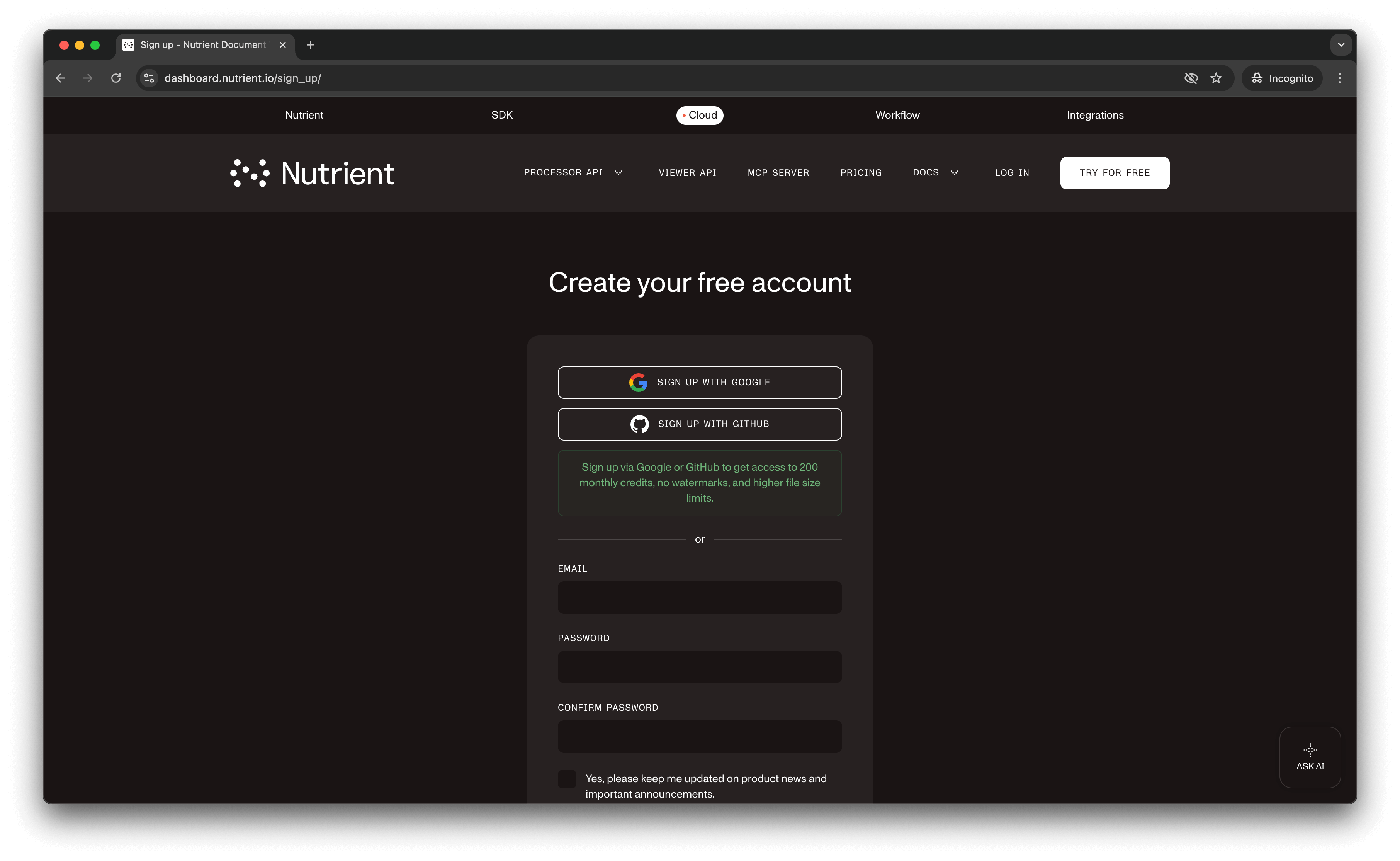 Free account at Nutrient DWS Processor API