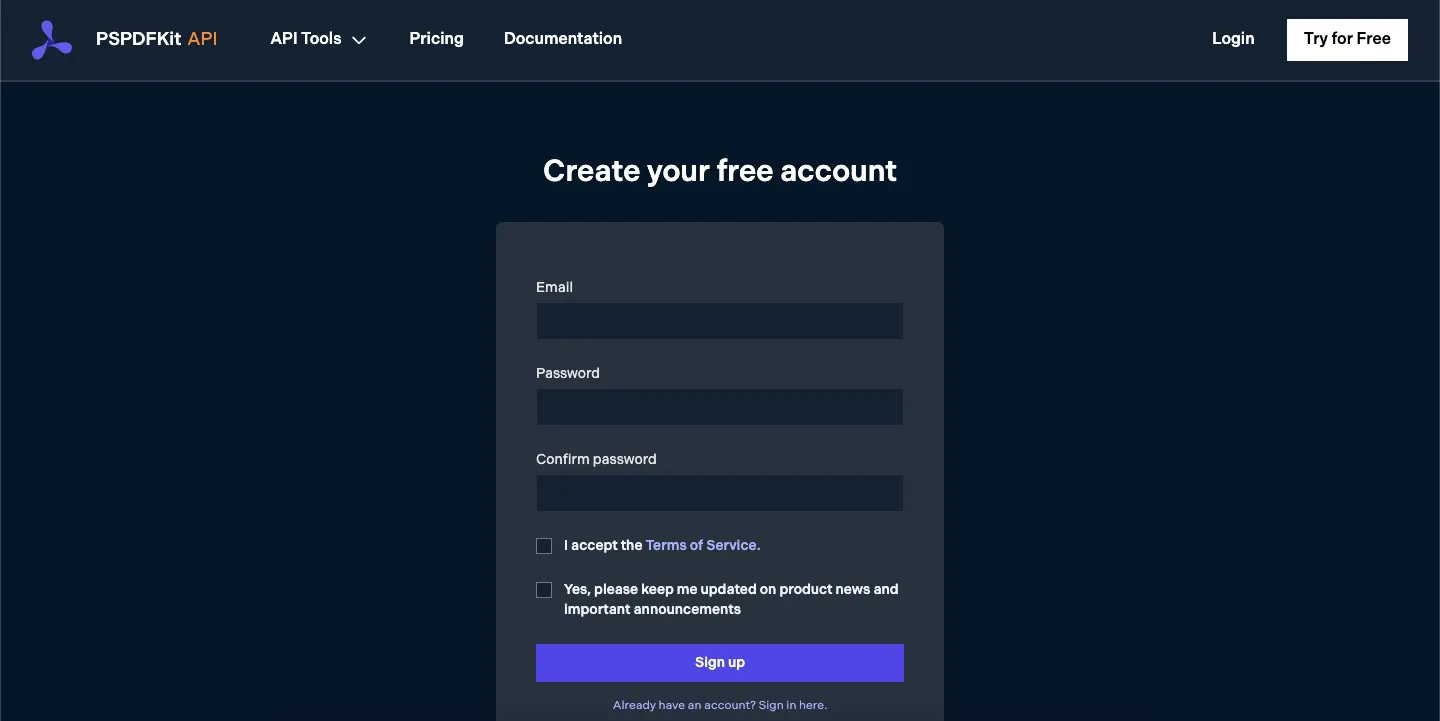 Free account PSPDFKit API