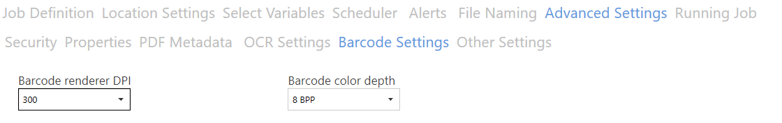 Barcode settings dialog showing DPI and color depth configuration options
