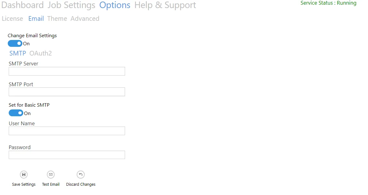 SMTP settings dialog with Anonymous access toggle and authentication options
