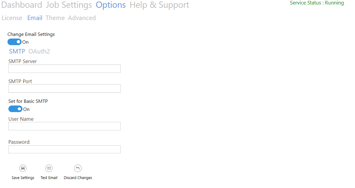 SMTP settings dialog with Anonymous access toggle and authentication options