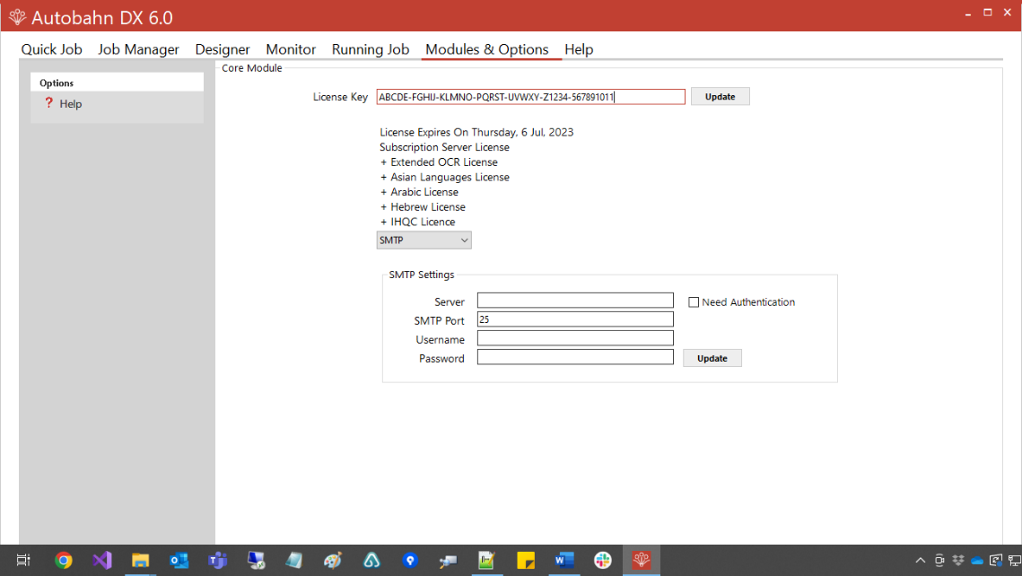License Key Under Modules and Options Tab