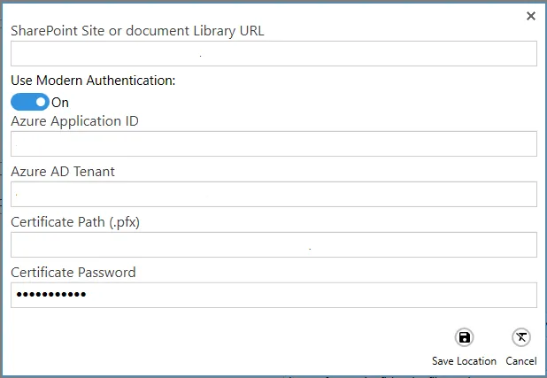 SharePoint OAuth2 authentication configuration dialog