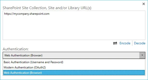 Modern Authentication dialog in SharePoint configuration showing authentication options
