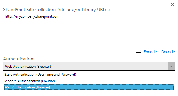 Modern Authentication dialog in SharePoint configuration showing authentication options