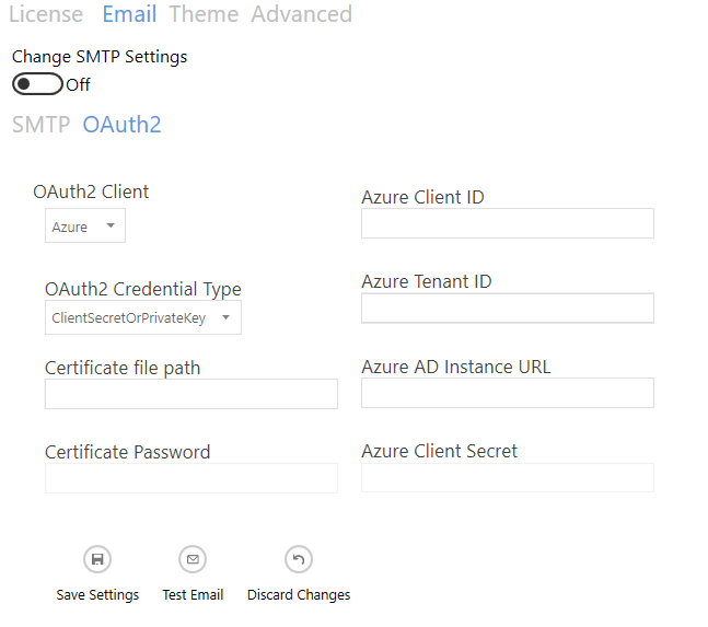 Email OAuth2 authentication settings with Client Secret and Certificate options