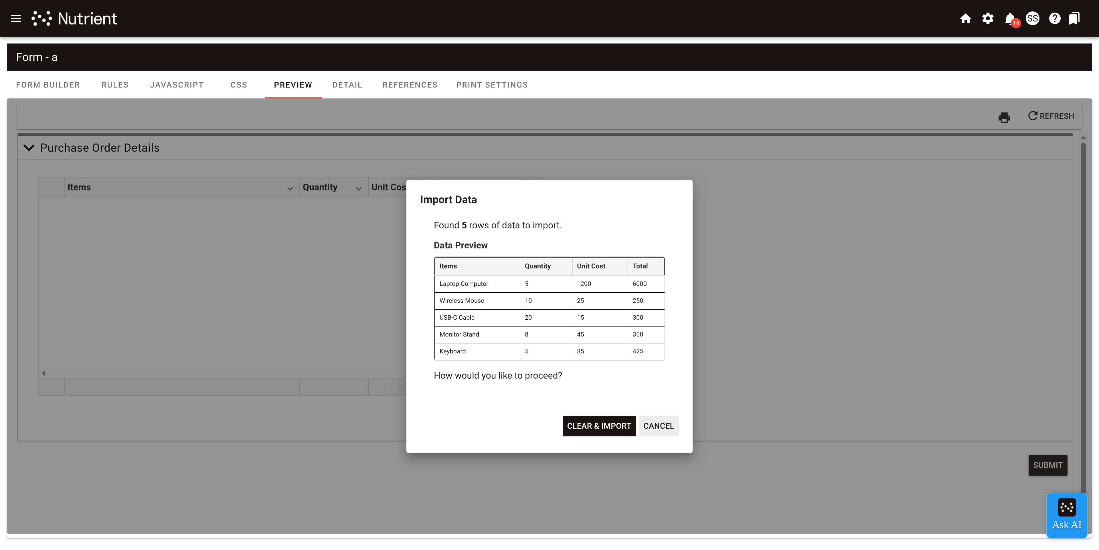 Import confirmation dialog displaying data preview with row count, first ten rows of data, and options to append or clear existing data