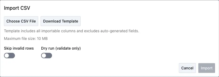 Import CSV dialog with options