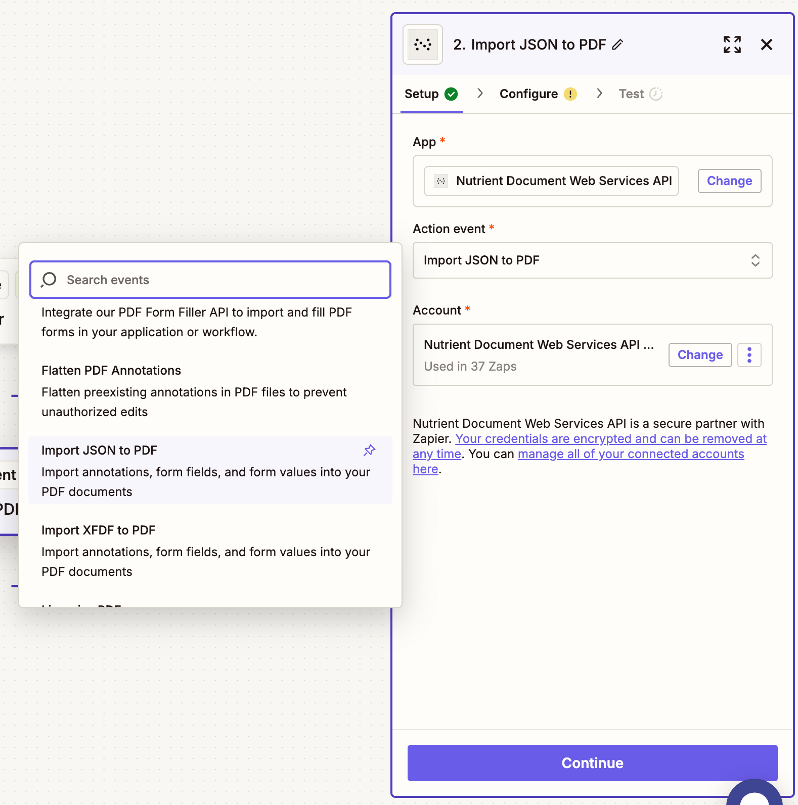 Select 'Import Instant JSON' as the action event