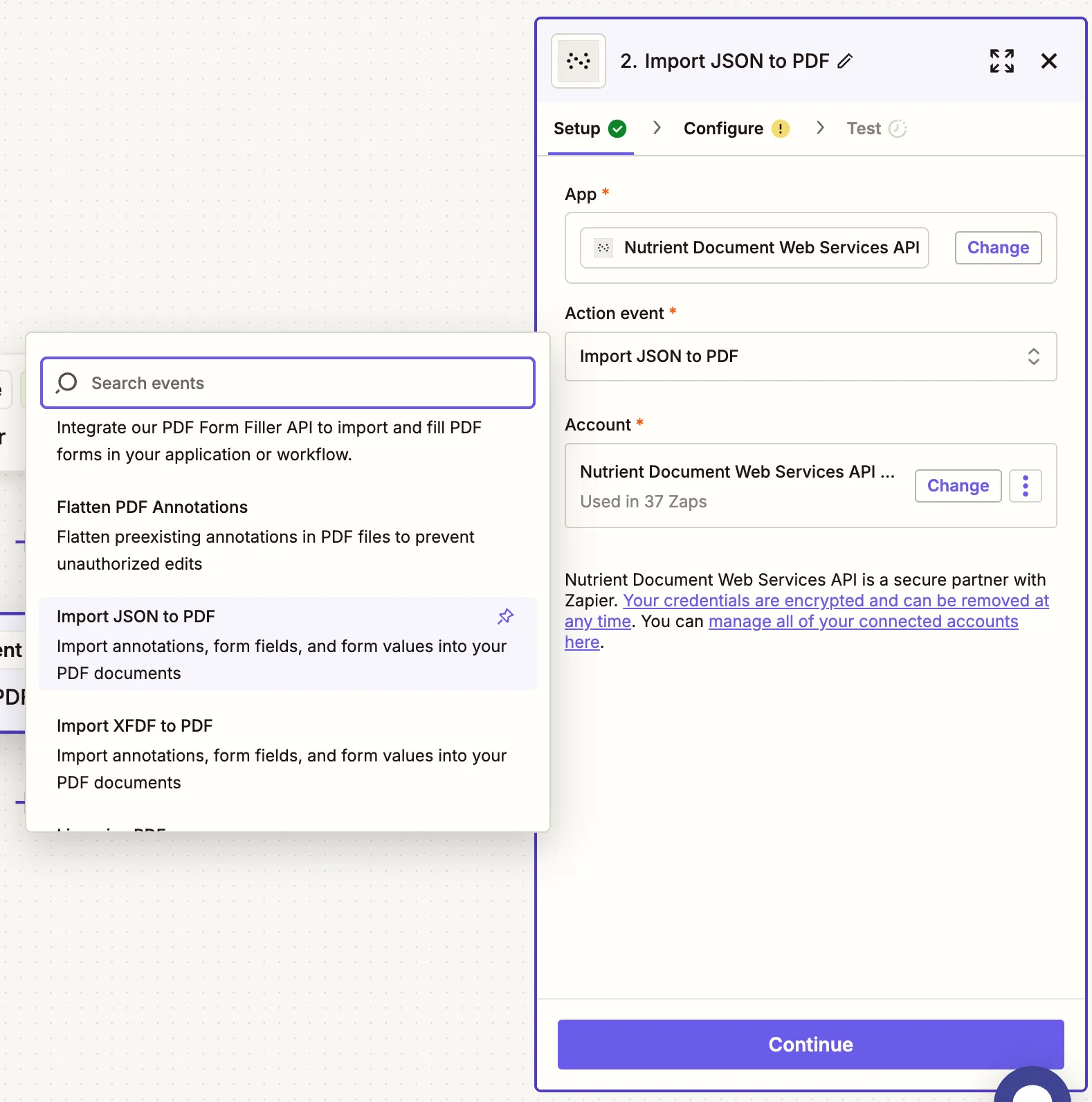 Select 'Import Instant JSON' as the action event