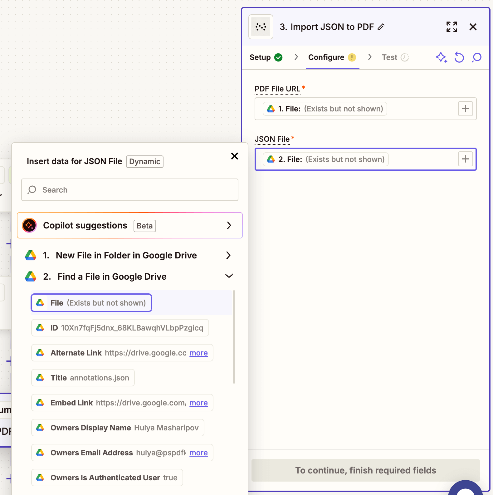 Map JSON file URL in the action step