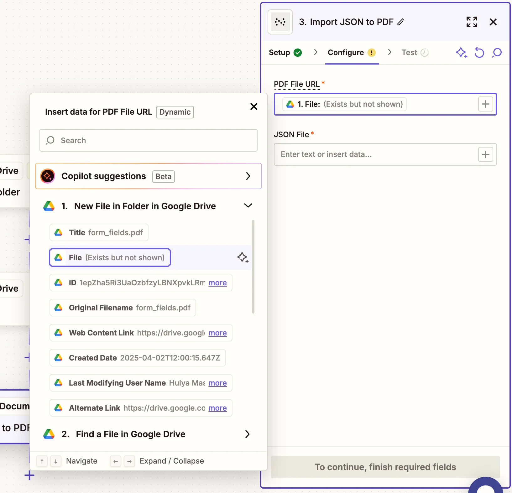 Map PDF file URL in the action step