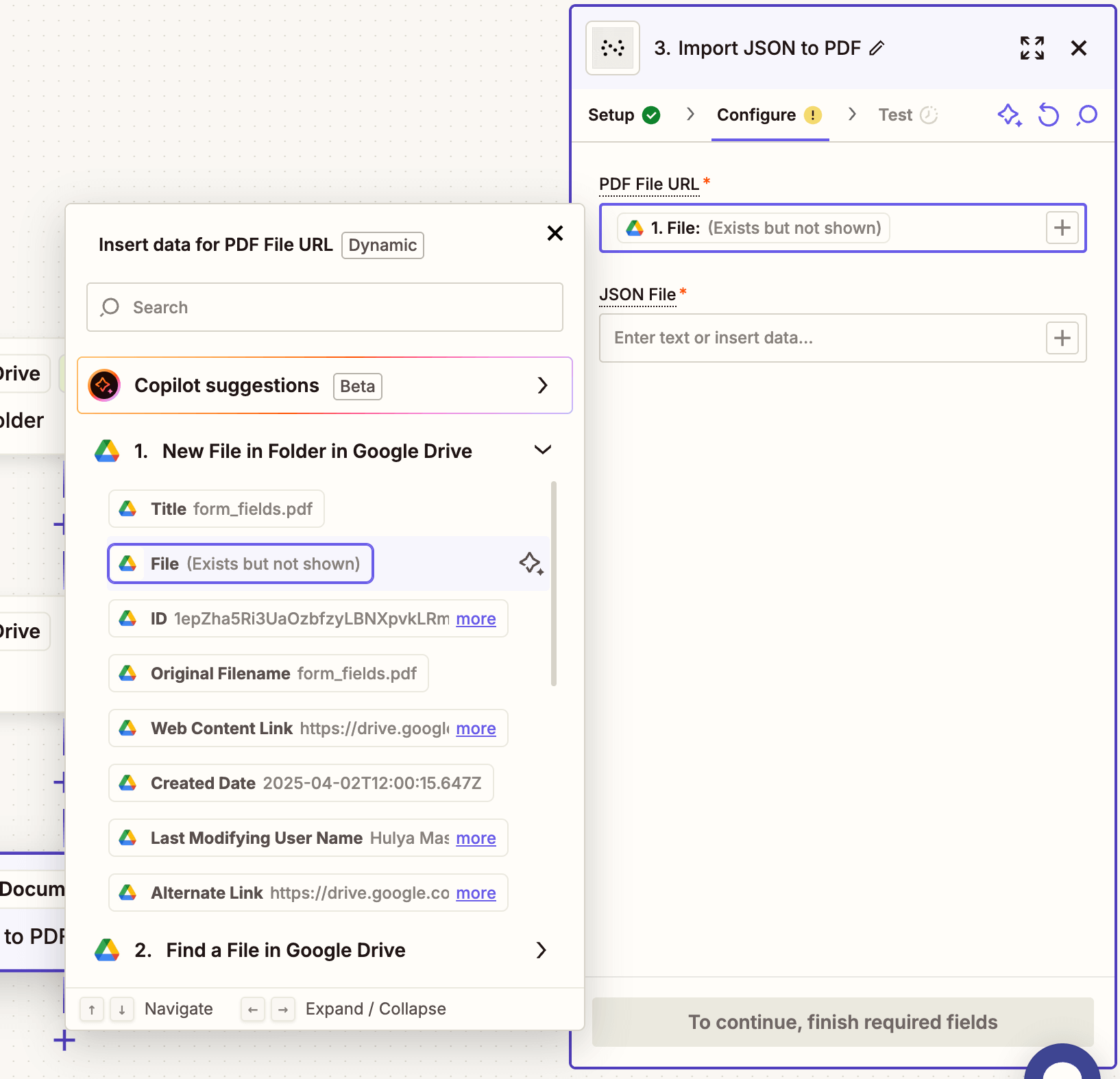 Map PDF file URL in the action step