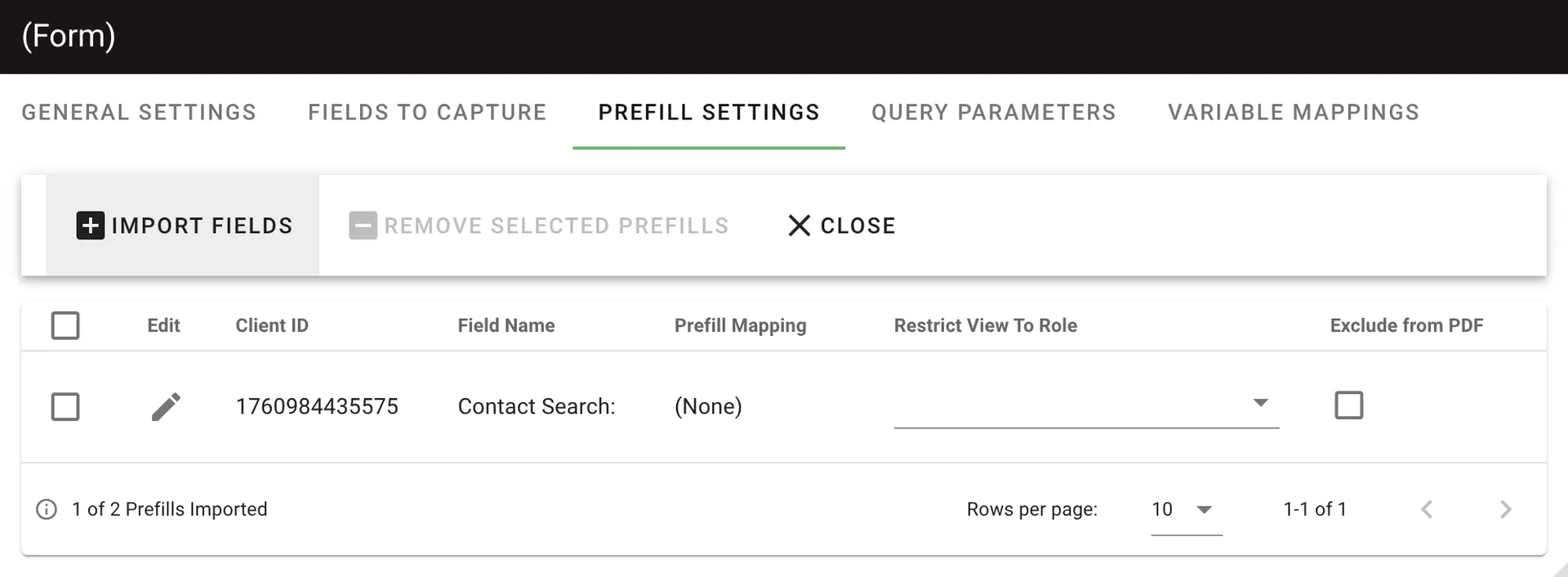 Prefill Settings section with Import Fields option