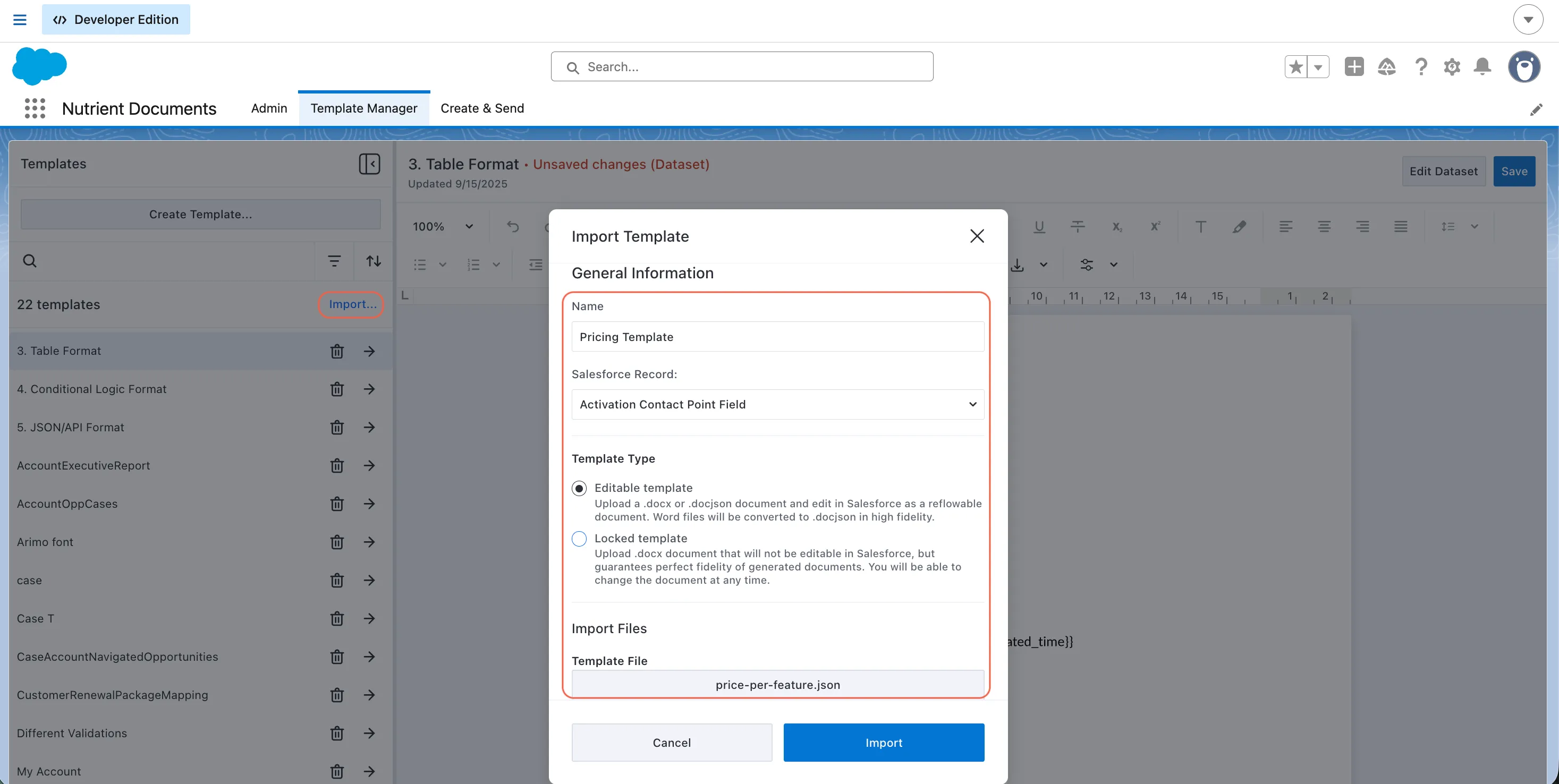Template import dialog in Salesforce showing template name, root record type, template type, and file upload